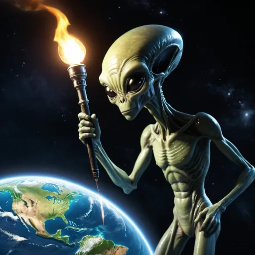 Prompt: An alien holding a lighted torch looking down at planet earth