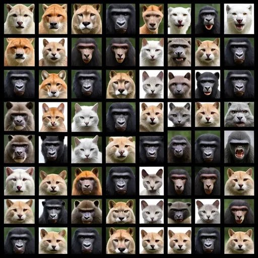 Prompt: Montage of morphing faces. Cougar, Dog, Gorilla, Snake, Bat, Rat, Eagle, Heron, Giraffe, Wolf, Fox, Alien face, Cat.