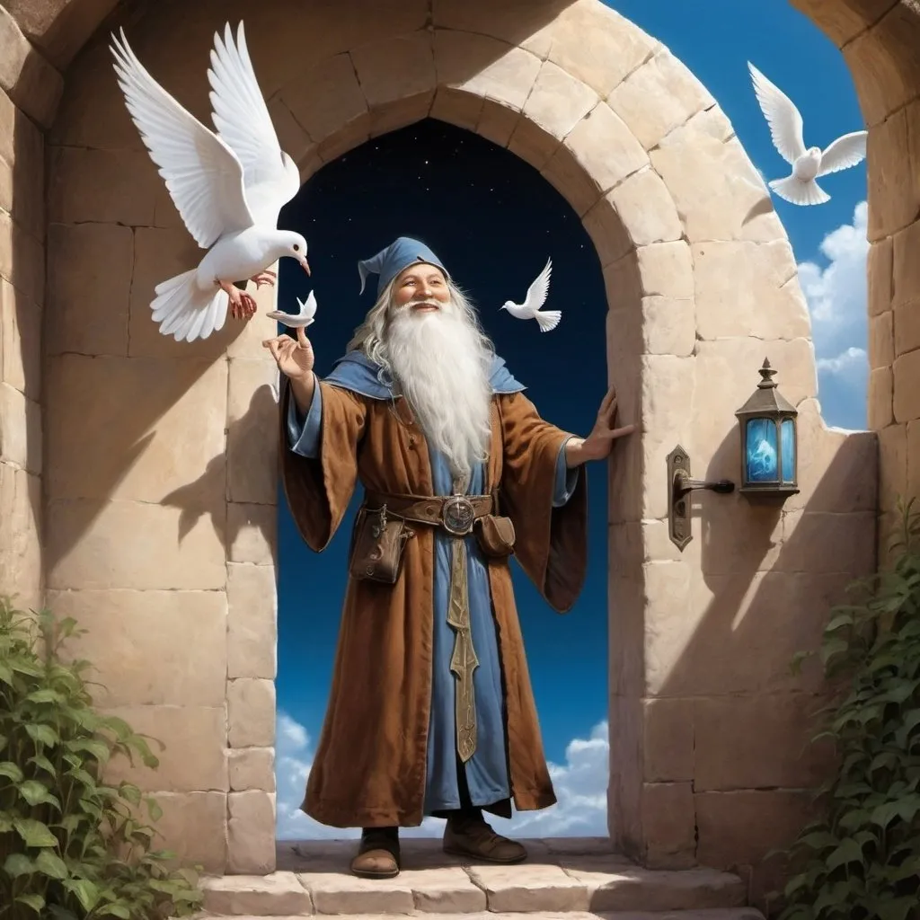 Prompt: Fantasy art. Doorway is an entry to another world. A smiling wizard stands in that doorway with a dove in his hand and blue sky behind him.  