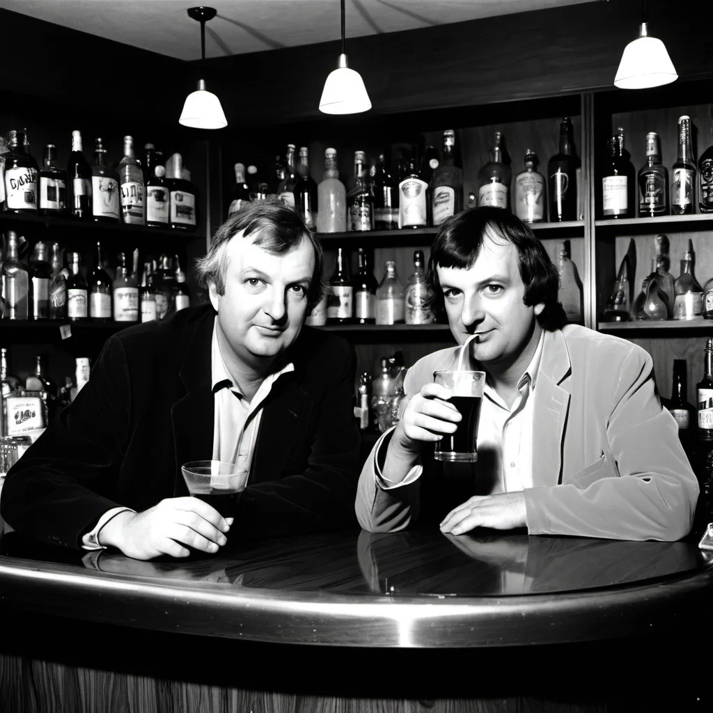 Prompt: Philip K. D. American science-fiction writer and novelist and Douglas Adams having a drink at the bar