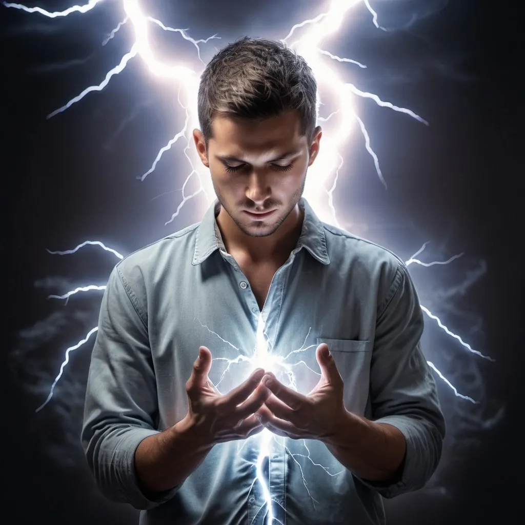 Prompt: Hands on healing. Clothed male figure with lightning and energy waves surrounding him and his open hands. 