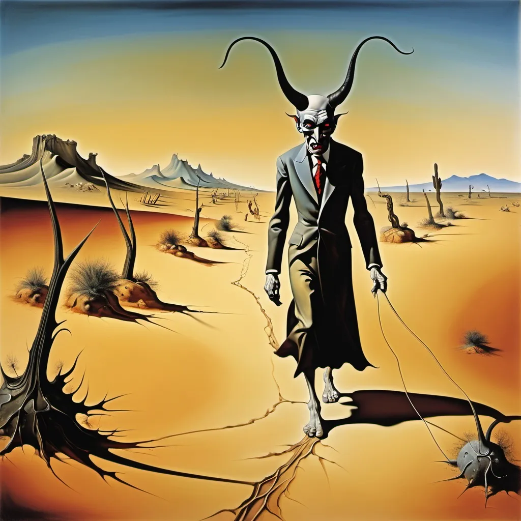 Prompt: salvador dali type devil walking through a desert landscape 