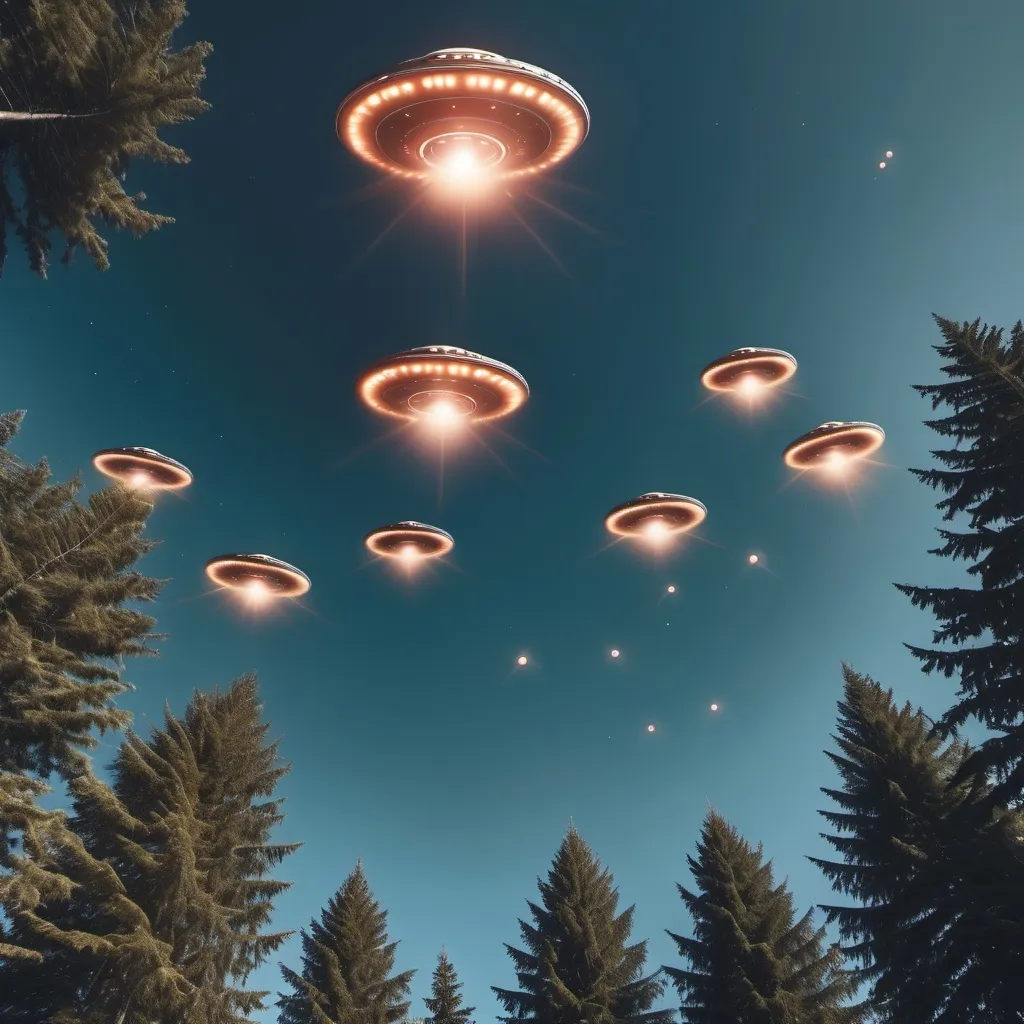 Prompt: multiple ufos flying above the trees