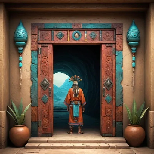 Prompt: Fantasy art style. Doorway is an entry to another world. A shaman stands in that doorway. Don Juan, journey to Ixtlan 