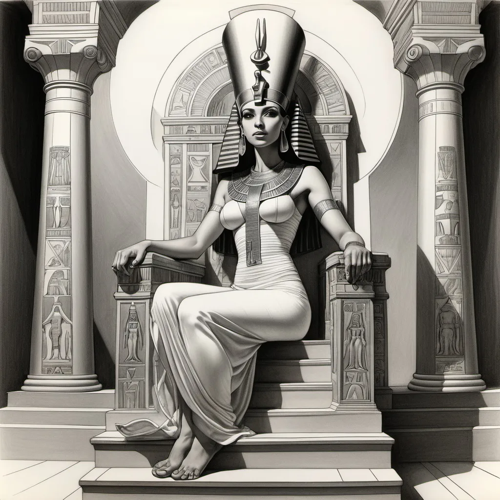 Prompt: Pencil drawing profile of Egyptian goddess seated in a large throne at the top of a staircase depicted in escher style