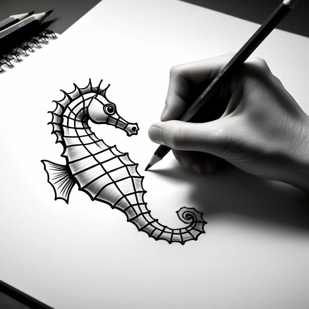 Prompt: Pencil sketch an outline of a hand drawing a sea horse on a blank page.