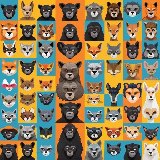 Prompt: Create a Collage of faces. Cougar, Dog, Gorilla, Snake, Bat, Rat, Eagle, Heron, Giraffe, Wolf, Fox, Alien face, Cat.
