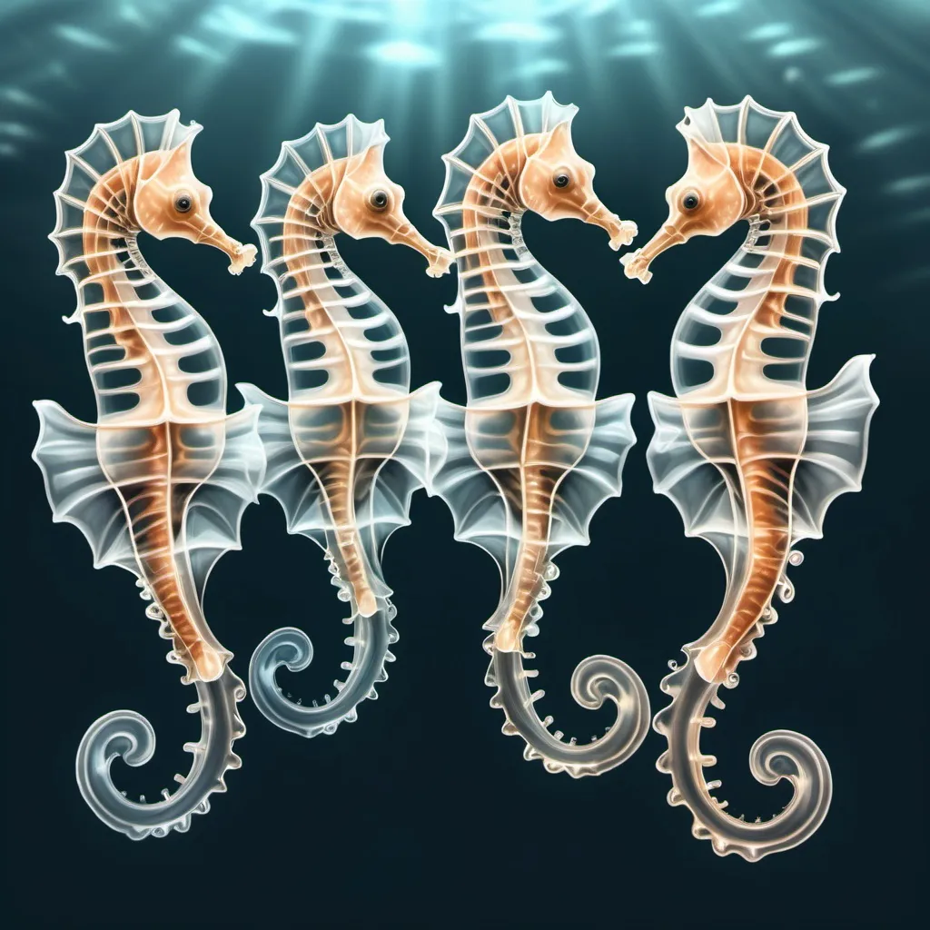 Prompt: Fantasy image of several transparent sea horses, drawn in pencil, swimming in the air