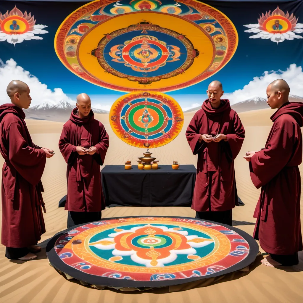 Prompt: Four monks standing at a sand mandala on a table while 4 spirit beings in hooded robes fly above them