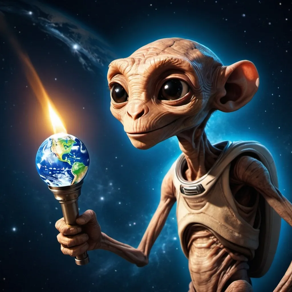 Prompt: Friendly ET holding a lighted torch looking down at planet earth