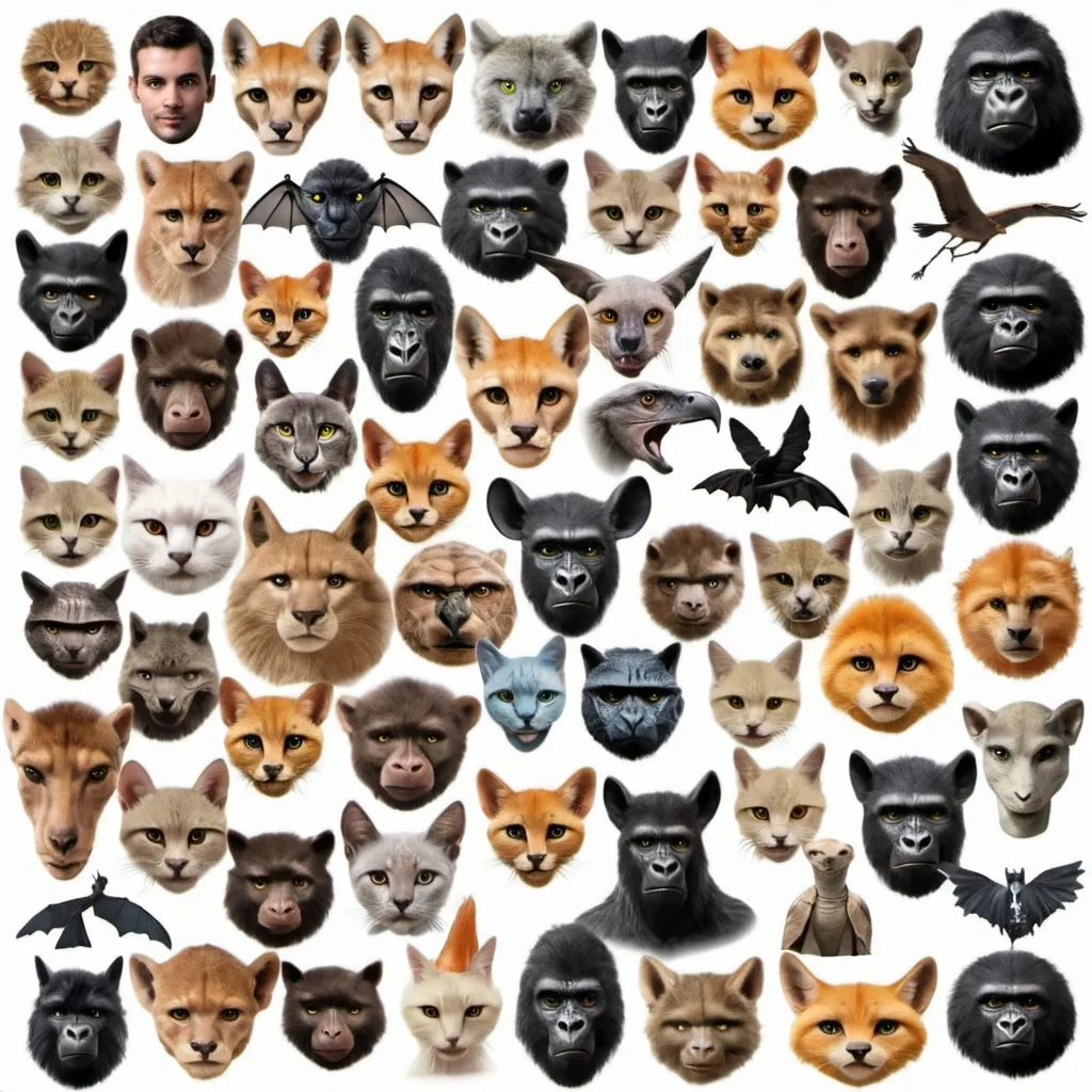 Prompt: Create a Collage of faces. Alien, ET, Cougar,  Gorilla, Bat, Rat, Eagle, Heron, Lizard, Ant, Giraffe, Wolf, Fox, Alien face, Cat.