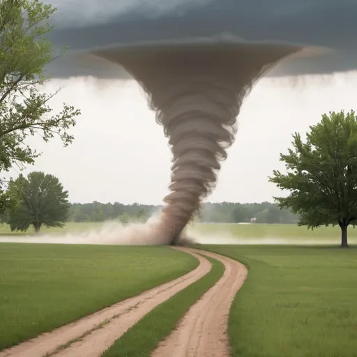 Prompt: Scene focuses on a small tornado, a dust devil, in the front of a field. Transparent color, creating a path through the grass leading into the trees. 