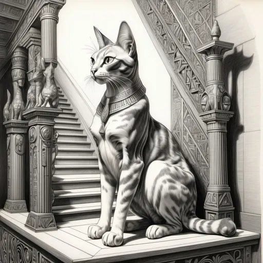 Prompt: Pencil drawing side view of Egyptian cat goddess seated in an ornate throne at the top of a staircase depicted in escher style