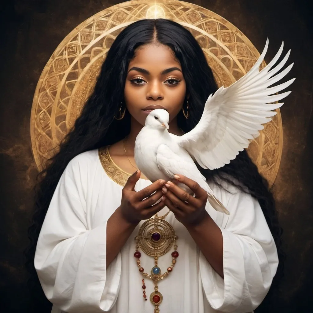 Prompt: Image of the Shekhinah spirit form, the divine feminine aspect of God in Jewish mysticism, or Kabbalah. Holding a white bird.