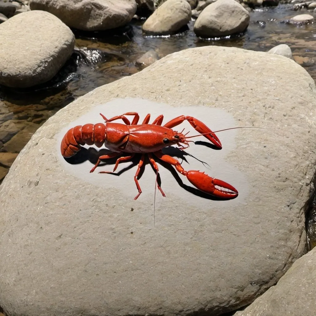 Prompt: drawing of a small crawdad on the rocks in a shallow stream