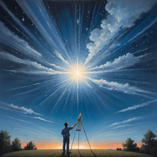 Prompt: A painter standing in front of a night star filled sky, unzipping the scene at the center to reveal daytime with blue sky and clouds. 