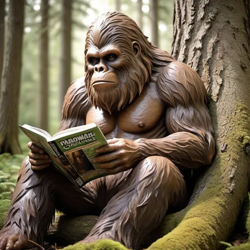 Prompt: Sasquatch reading 'Paranormal Curious' magazine, relaxed against a tree, detailed fur with warm tones, curious and calm expression, serene forest setting, high quality, detailed, realistic, woodland, cryptid, detailed eyes, natural lighting, peaceful ambiance
