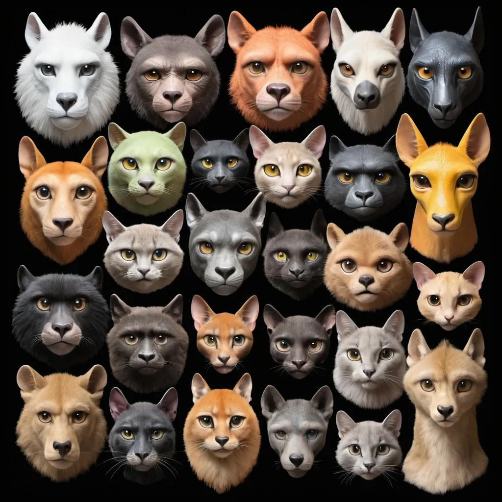 Prompt: Create a Collage of eyes. Alien, ET, Cougar,  Gorilla, Bat, Rat, Eagle, Heron, Lizard, Ant, Giraffe, Wolf, Fox, Alien face, Cat.