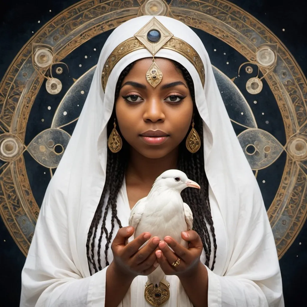 Prompt: Image of the Shekhinah spirit form, the divine feminine aspect of God in Jewish mysticism, or Kabbalah. Holding a white bird.