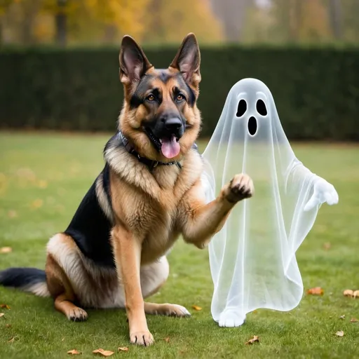 Prompt: A German Shepard dog playing with a transparent figure of a ghost.