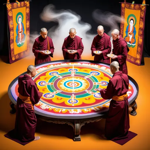 Prompt: Four monks standing around a sand mandala on a table while spooky ghosts fly above them