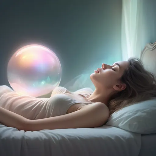 Prompt: Profile of a woman sleeping on a bed, glowing orb above stomach, transparent image of body hovering, surreal digital art, dreamlike atmosphere, soft pastel colors, ethereal lighting, high quality, digital painting, surrealism, glowing orb, transparent body, dreamy, soft pastels, ethereal, profile view, surreal, floating, atmospheric lighting