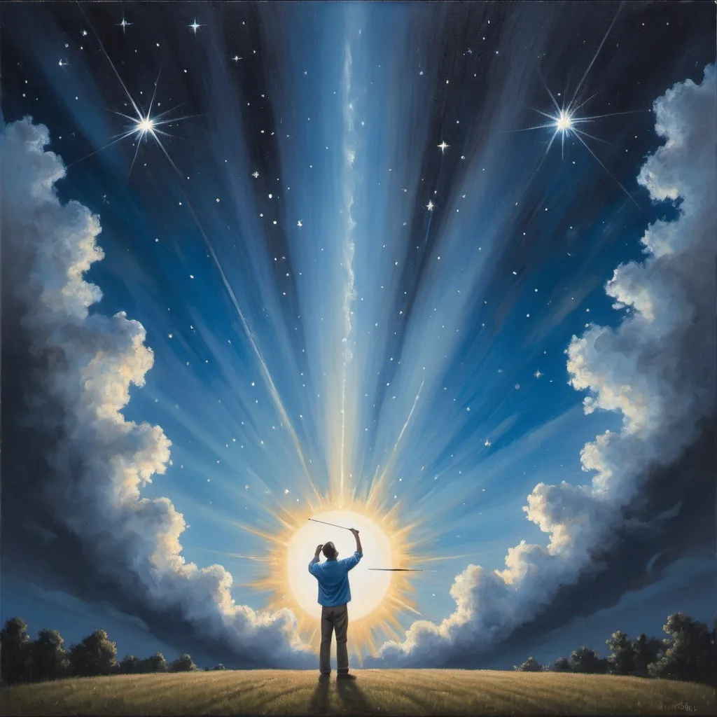 Prompt: A painter standing in front of a night star filled sky, unzipping the scene at the center to reveal daytime with blue sky and clouds. 