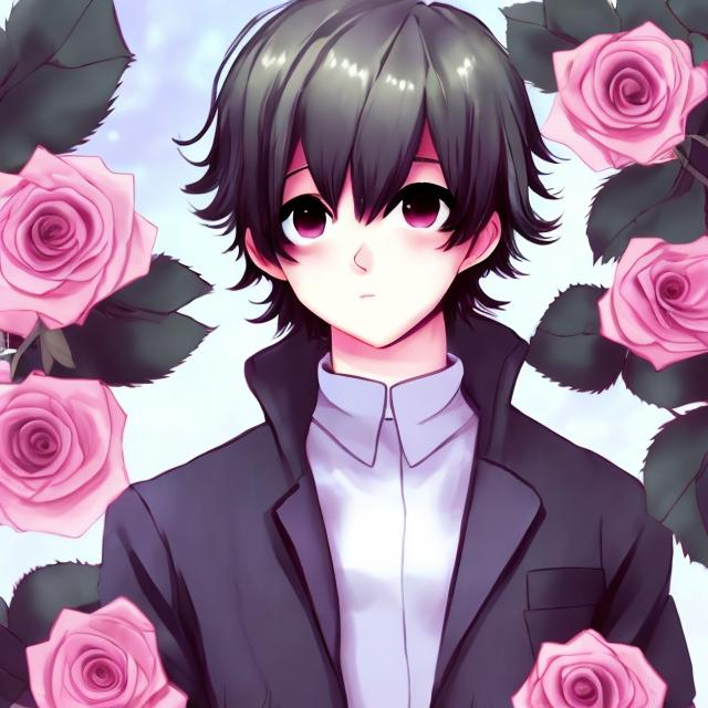 Prompt: A cute anime boy having roses
