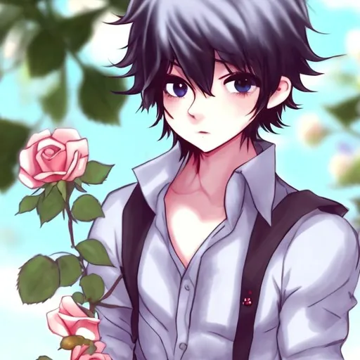 Prompt: A cute anime boy having roses
