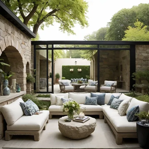 Prompt: create a outdoor living room embracing nature, coffee tables made of stone and mirrors to reflect light, large scale sofas