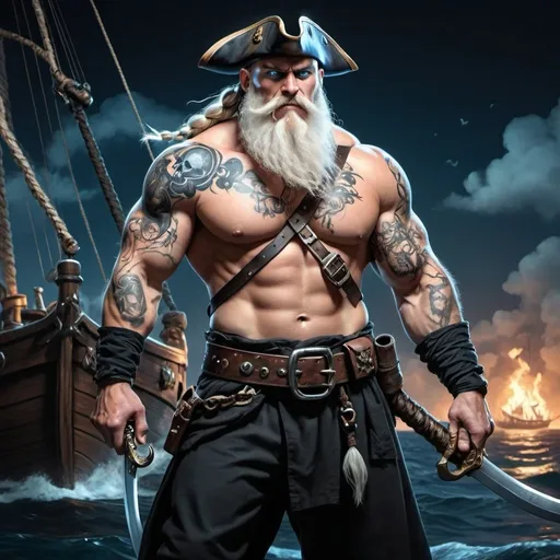 Prompt: Long White Beard, White French Braided Ponytail haircut, Blue Eyes. A Pirate Viking with a massive muscular Body with norse and pirate tattoos. Wearing a hat with a skull and Crossbones on it. Carrying a Black Steel Cutlass with Bone Skull Hilt . Full body anime art. Pirate Ships at night background.