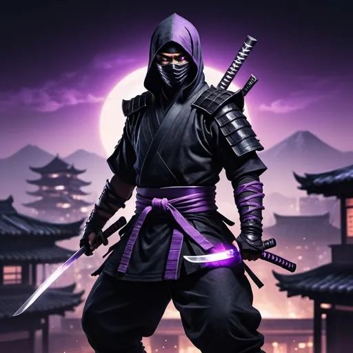 Prompt: Male ninja with mortal Combat smoke style clothing and samurai armor mix. Wielding a Katana in his left hand purple glowing eyes. High Detail. High Resolution. Night time Asian Rooftop back ground. Cool tones. Gothic undertones. Full Body Illustration. Animated Art Style.