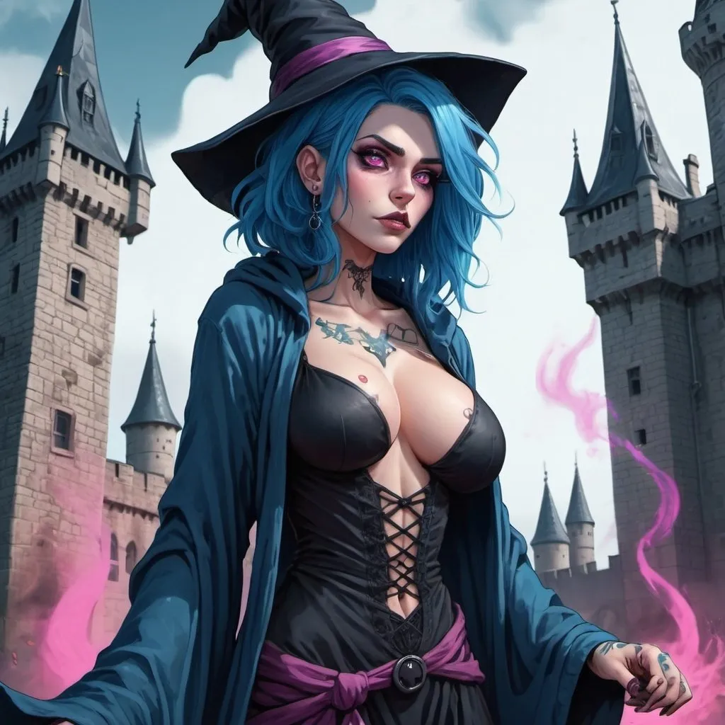 Prompt: Blue Haired Witch. Chesty. Wearing a loose blue robe that is falling off. Detailed arcane tattoos. Bright Pink Eyes. Gothic undertones. Fierce Expression. High Resolution. Hyper Detailed. Full Body Illustration. Animated Art Style. Background of a castle Tower.