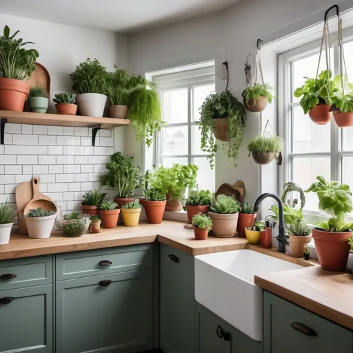 Prompt: A kitchen with plants and food creates a vibrant and inviting space. You might incorporate fresh herbs like basil or mint in small pots on the windowsill for easy access while cooking. Additionally, you could have a small indoor garden with low-maintenance plants like succulents or spider plants. Adding a few colorful bowls of fruits or vegetables on the counter not only adds a pop of color but also encourages healthy eating. Incorporating plants and fresh food elements can make your kitchen feel lively and functional.