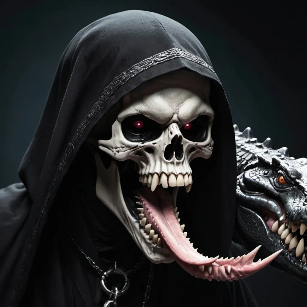 Prompt: Fearless reaper with crocodile tongue