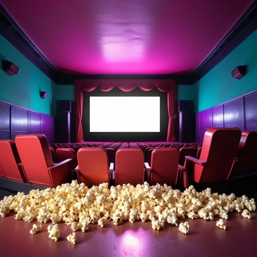 Prompt: Synth wave style Old fasioned Theater empty with popcorn on floor and blank screen with floor lights on