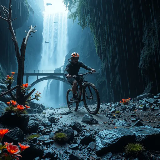 Prompt: Synthwave style wet Mountain biker riding over mud and rock trail, blocked from access path from hot bubbling lava to the raveene waterfalls below bridge, pouring rain, neon flowers and sparse groups of butterflys, and rocks surface texture of sparse tree moss, while birds are chirping in the trees, and caverns are glowing illuminecent blue from explorers and blimps or balloons relaxing in the sky