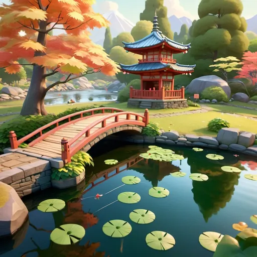 Prompt: Low poly style tea garden with vibrant pagoda, windy conifers blowing with the wind along the small bridge over the pond, with Lillypad floating above the water, the coy fish swimming in circles in clear water, Small waterfall, and a giant Japanese maple tree with falling leaves shining with sunlight in the background