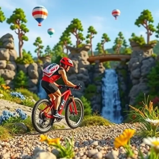 Prompt: Claymation style Mountain biker riding over gravel rock trail, blocked from access path from hot lava to raveene waterfalls below bridge, neon flowers and sparse groups of butterflys, and rocks surface texture of sparse tree moss, while birds are chirping in the trees, and caverns are glowing illuminecent blue from explorers, and blimps and balloons relaxing