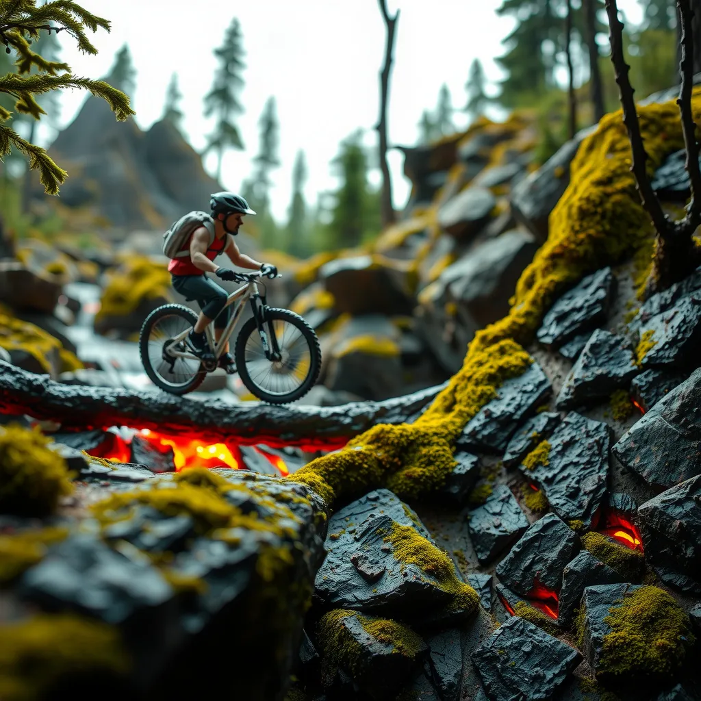 Prompt: Claymation style Mountain biker riding over path, blocked by hot lava, to raveene over bridge, rocks surface texture of tree moss