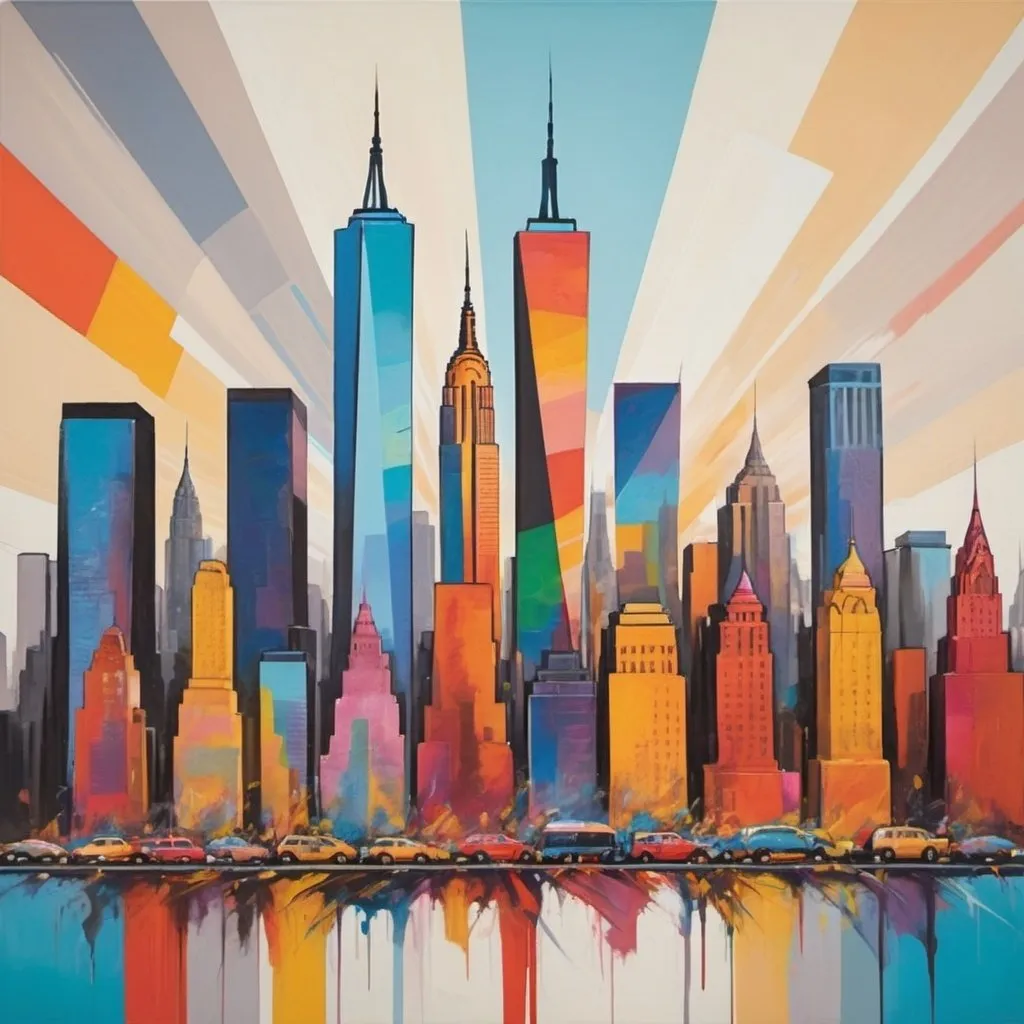 Prompt: an abstract painting depicting New York City skyline imagery in angular linear styling with a colorful modern feel and indistinct blurred building outlines