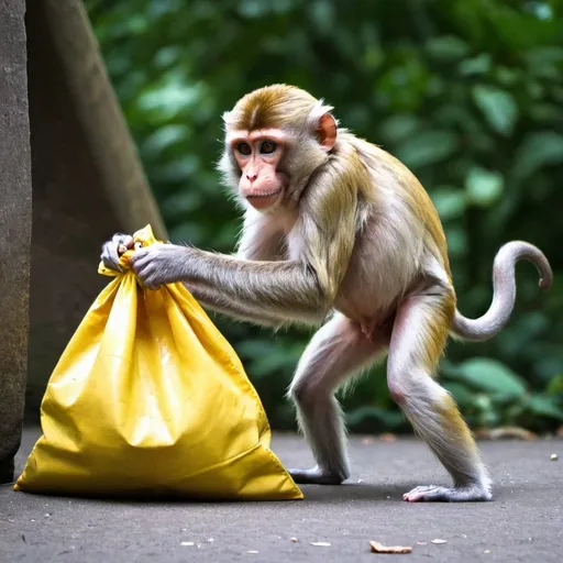 Prompt: a monkey stealing a bag