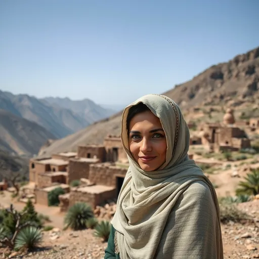 Prompt: amazigh women with green eyes wearing hijab set in a mountains behind many small house built of mud 