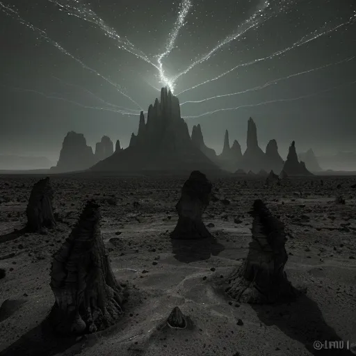 Prompt: A vast, barren alien landscape stretches to the horizon under a dark, ominous sky. The ground is cracked and dry, with jagged, blackened rocks scattered across the terrain. In the distance, towering spires of twisted, otherworldly rock formations jut into the air, their sharp edges reflecting a dim, eerie light from a distant, dying star. The atmosphere is thick with swirling dust, giving the scene a desolate, almost post-apocalyptic feel. There are no signs of life—no plants, no water, and no movement—only the harsh, unyielding emptiness of an alien world devoid of any living organisms. The scene is lit by a faint, unnatural glow, casting long shadows and adding to the sense of abandonment and desolation