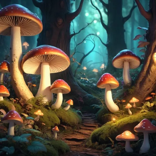 Prompt: Enchanted forest, animated, smiling mushrooms, glowing, high quality, animated, magical, warm tones, whimsical lighting, detailed foliage, fantasy, vibrant colors, joyful atmosphere