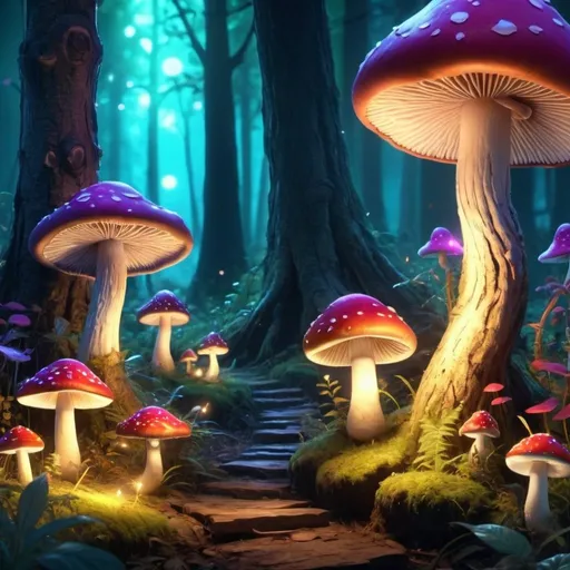 Prompt: Enchanted forest with glowing mushrooms, animated, whimsical, high quality, fantasy, vibrant colors, magical lighting, smiling mushrooms, detailed woodland, fairy tale, highres, ultra-detailed, animated, enchanted, whimsical, glowing mushrooms, magical, fantasy, vibrant colors, detailed woodland, fairy tale, magical lighting, whimsical animation, cheerful atmosphere