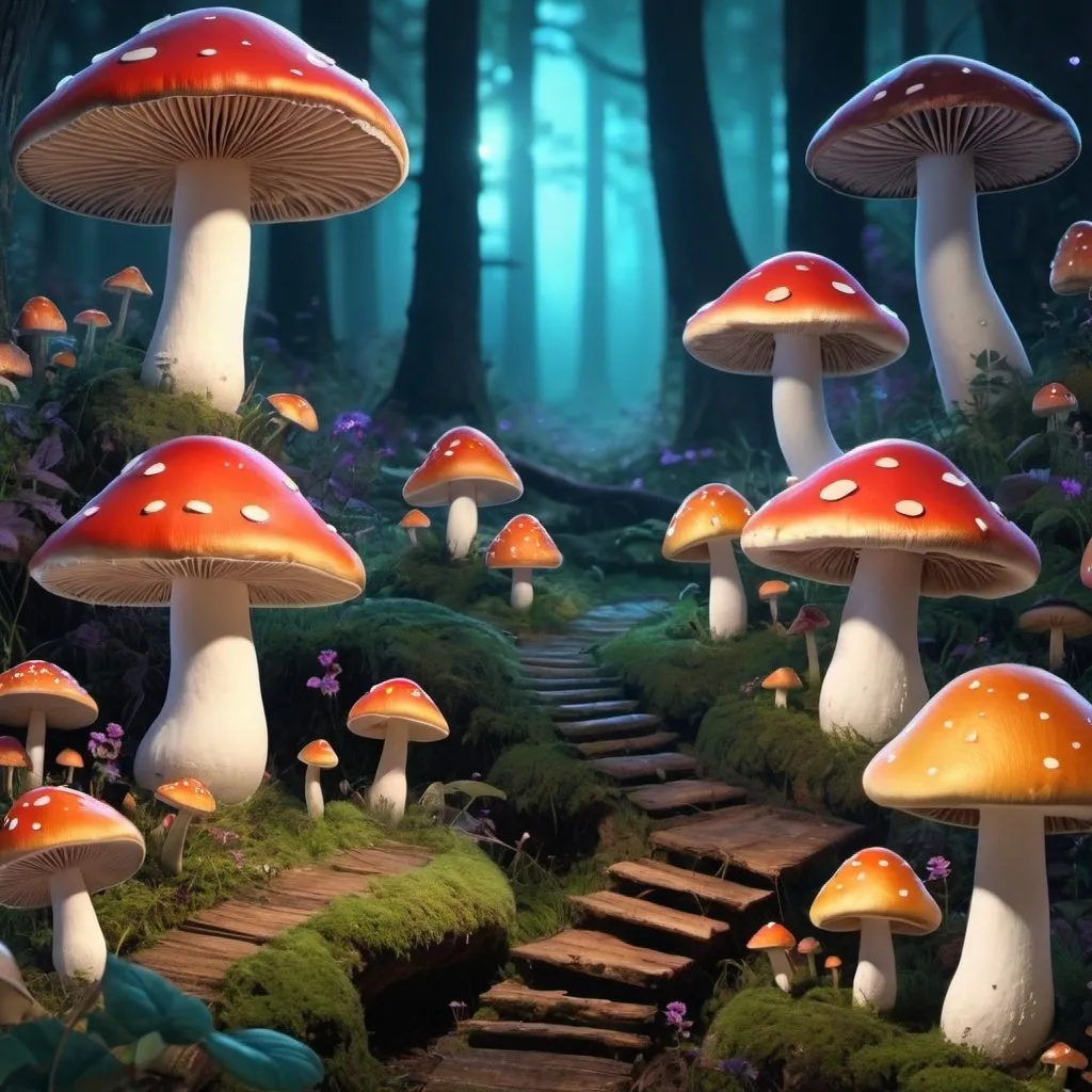 Prompt: animated enchanted forest full of smiling and glowing mushrooms