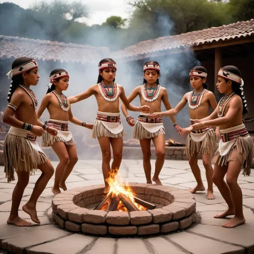 Prompt: The image depicts a group of young Aztec boys and girls dressed in traditional attire, practicing intricate dance moves around a central fire pit. The dancers' movements are graceful and precise, reflecting the sacred nature of the ritual dance.