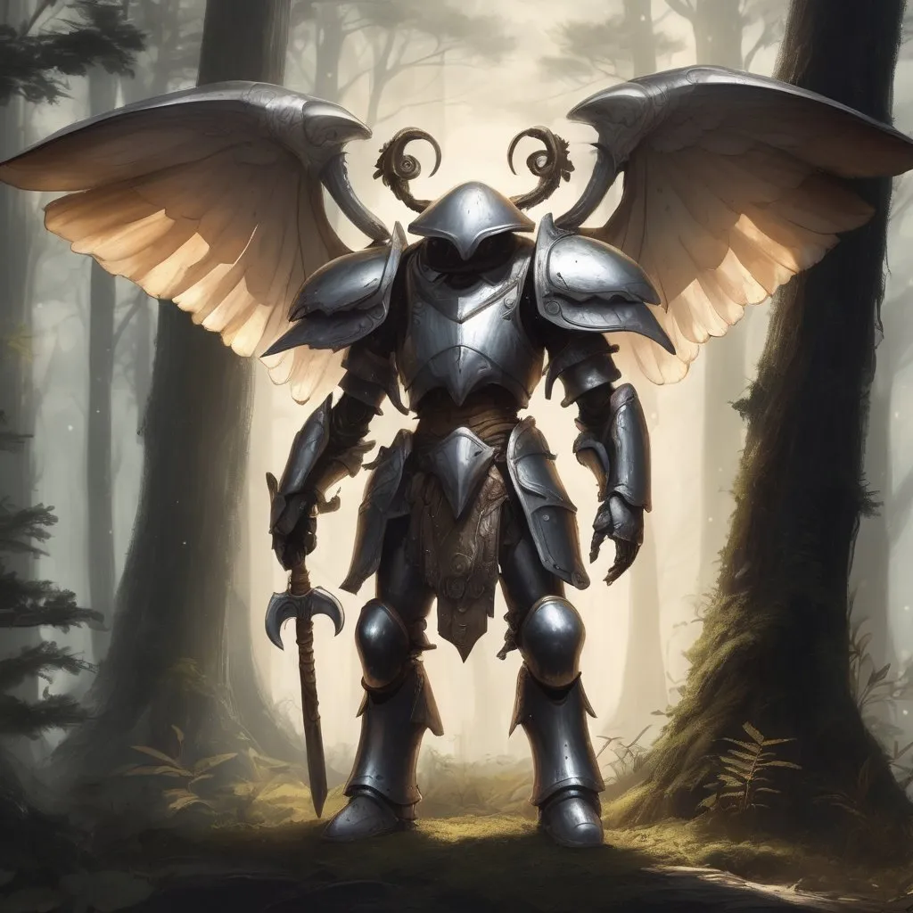 Prompt: Sketch of humanoid mushrooms in metal armor with wings, wielding an axe, in a mystical forest setting, high quality, intricately detailed, fantasy, World of Warcraft style, earthy tones, dappled lighting, forest ambiance, metal armor, mushroom creatures, mystical, enchanted atmosphere, forest setting, fantasy art, detailed textures, armored mushrooms, axe wielding, professional, atmospheric lighting