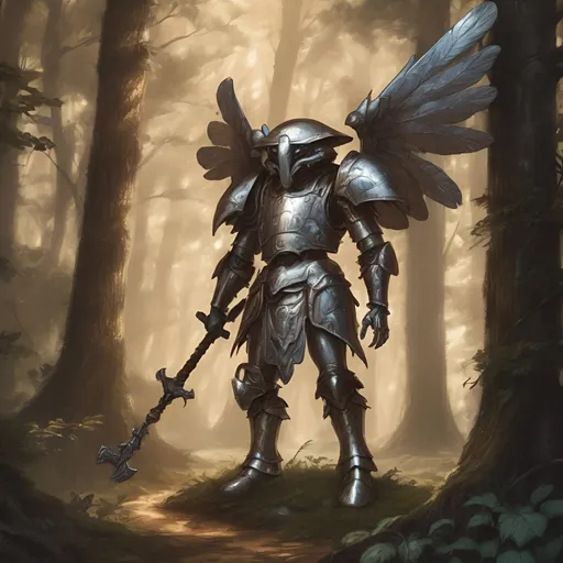 Prompt: Sketch of humanoid mushrooms in metal armor with wings, wielding an axe, in a mystical forest setting, high quality, intricately detailed, fantasy, World of Warcraft style, earthy tones, dappled lighting, forest ambiance, metal armor, mushroom creatures, mystical, enchanted atmosphere, forest setting, fantasy art, detailed textures, armored mushrooms, axe wielding, professional, atmospheric lighting